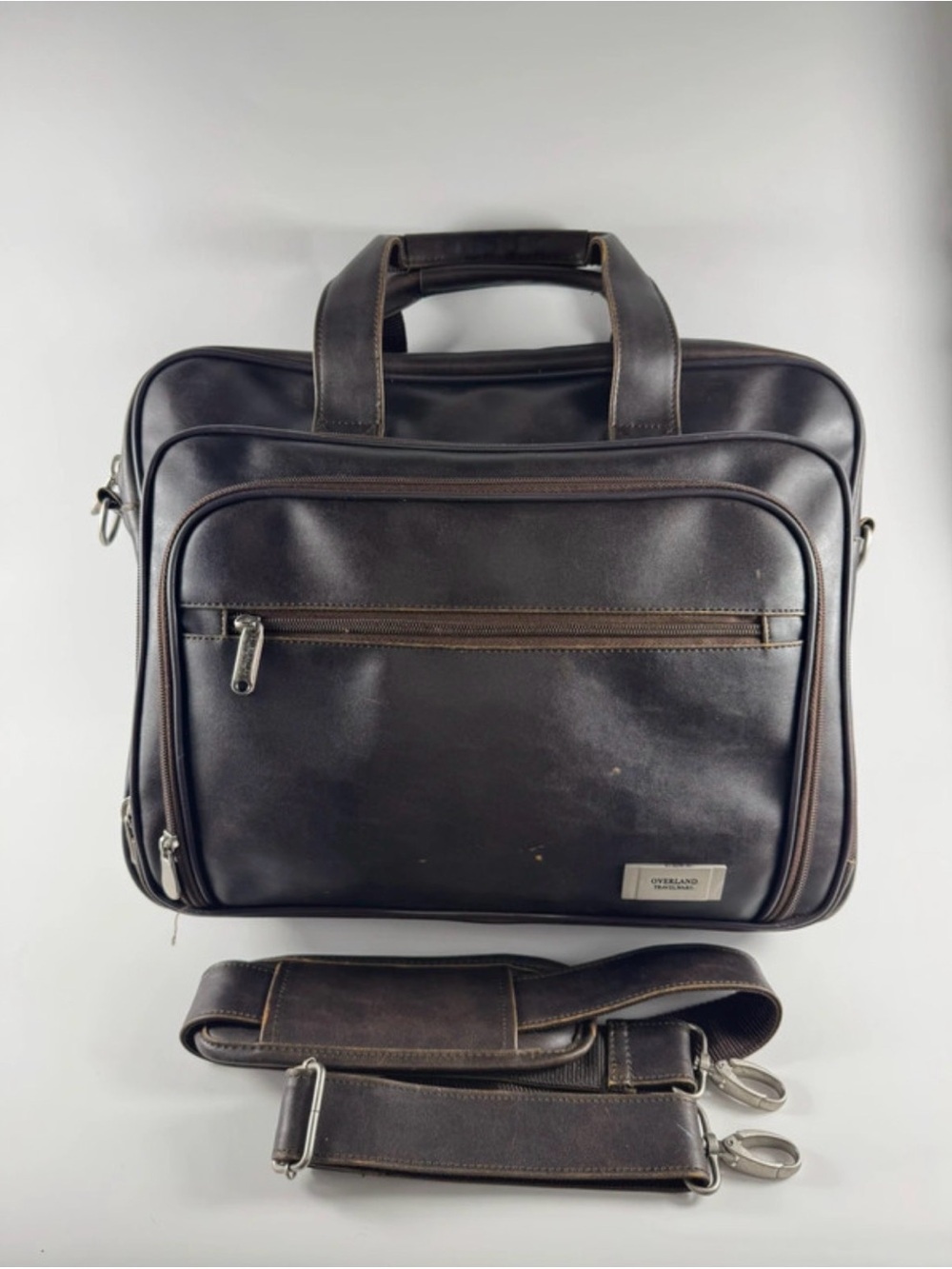 Overland Travelware Dark Brown Leather Briefcase Messenger Bag w/ Strap Vintage